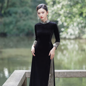 LOGULEYA Velvet Cheongsam Long Sleeve Slimming Mommy Dress Chinese Style Elegant Gold Velvet Womens Fashion Retro Design