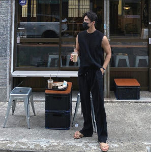 Ice Silk Training Fitness Set for Men round Neck Sleeveless T-Shirt And Loose Fit Pants Quick Dry Sportswear Two Piece Suit