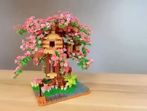 Pink Girl Sakura Tree House Compatible with Small Particle Building Blocks Toy Gift Decoration