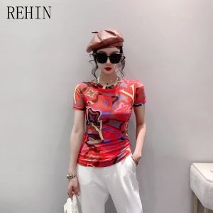 REHIN Womens T-shirt Summer Fashion Mesh Unique Pattern Printed Short Sleeve Round Neck Shirt Slim Fit S-3XL New Korean Stylish Tops