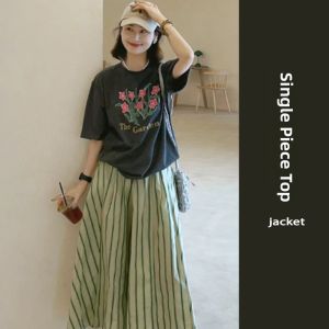 YUEZHONGWEI | Retro American Floral Print Grey Short Sleeve Womens T-shirt Summer Design Loose Slimming Half Sleeve Top Commute Style Universal Fit