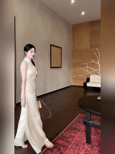 LINGQIAN | New Chinese Style Pearl Embroidered Shirt and Palazzo Jumpsuit