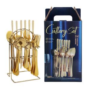 Elegant Gold-Tone Stainless Steel Cutlery Set 24-Piece with Shell Gift Box - Western Tableware for Steak and Dessert
