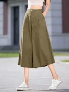 Quần Ống Rộng Cotton Lanh Mỏng Mùa Hè Cạp Cao Che Mông Rộng Rãi Thoải Mái Quần Dài Thường Ngày Màu Trơn Phong Cách Tươi Mới