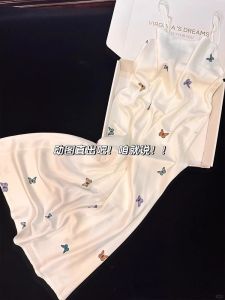 Sweet and Pure Desire High-end Pajamas Ice Silk Butterfly Print Nightdress for Women Summer Cool Feeling Thin Suspender Nightgown