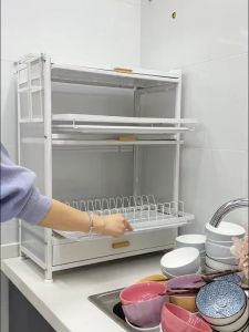 Double Layer Kitchen Dish Drainer Rack Bowl Plate Storage Holder Metal Non-Pierced Floor Stand Drying Cabinet Organizer