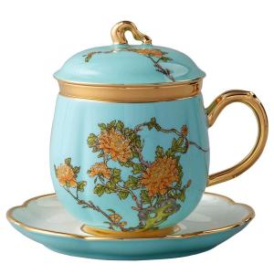 Erfengyuan Lady Porcelain Ceramic Tea Cup Set of 4 Blue Lake West 280ml Tea Cups Set Traditional Chinese Style Diningware