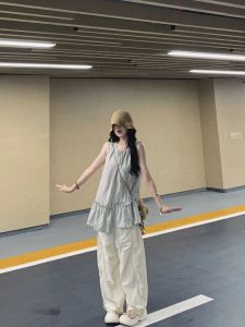 Áo Sơ Mi Nữ Tay Ngắn Mùa Hè Mới Rộng Rãi Phong Cách Hàn Quốc Kẻ Sọc Không Tay Áo Búp Bê Giảm Tuổi