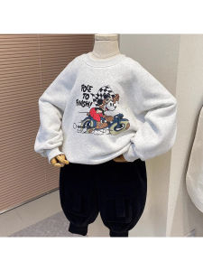 Fleece Lined Hoodie Childrens Autumn Winter New Style Cartoon round Neck Long Sleeve Thickened Kids Sweatshirt Boys Clothing