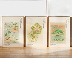 3Pcs Japanese Nature Wall Art Vintage Floral Mountain Woodblock Canvas Prints Japandi Wabi Sabi Large Living Room Home Decor