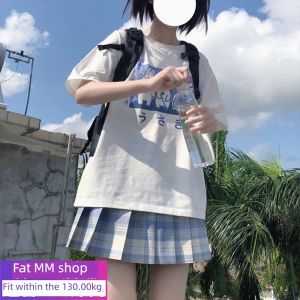 Cute Rabbit Print T-Shirt Short Sleeve Pleated Skirt Two-Piece Set Japanese Style plus Size Fashionable Womens Outfit Summer