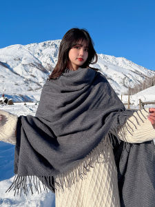 Korean Style Double-Sided Woolen Scarf Womens Versatile Winter Warmth Air Conditioned Room Blanket Furry Edged Large Shawl