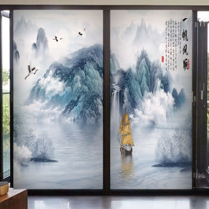 Transparent Frosted Glass Stickers Wind And Water Mountain Landscape for Living Room Door Window Partition Privacy Protection