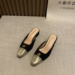 Closed Toe Half Slippers Camellia Summer 2024 New Outdoor with Skirt Fairy All-Matching Medium Chunky Heel Mules Shoes