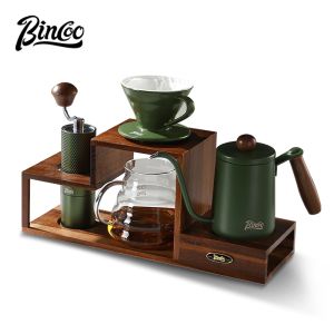 BINCOO Coffee Dripper Set with Filter Cup Coffee Grinder Wood Coffee Hand Brewing Kettle Storage Stand Set Coffee Brewing Set