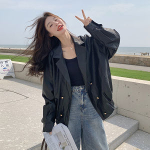 Black Hong Kong Style Retro Loose Cool PU Leather Jacket Womens Fashionable Autumn New Style Short Length Polo Collar Coat