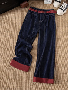 Deep Blue High Waist Wide Leg Fleece Lined Denim Jeans Womens Autumn Winter Loose Fit Hip Covering Small Size Straight Leg Pants