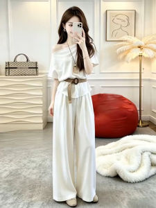 SENWA | White Off-Shoulder Summer Womens Top and Wide-leg Pants Set
