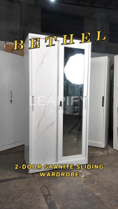 BETHEL | Sliding Steel Wardrobe with Elegant Granite Pattern and Full-sized mirror by Leapify Steel
