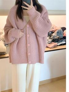 Áo Len Cardigan Mềm Mại Màu Hồng Rộng Rãi Cổ Chữ V Áo Khoác Ngoài Mùa Xuân Thu Áo Len Dệt Kim Mềm Mại Thoải Mái Cho Nữ