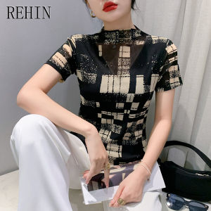REHIN new fashion half-high collar mesh unique floral checkered print cotton short sleeve T-shirt slim fit trendy womens top