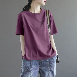 LINGLONGDAI | เสื้อยืดคอกลมแขนสั้นผ้าฝ้ายแท้สีม่วงสำหรับผู้หญิงในช่วงฤดูร้อนปี 2025 เสื้อเชิ้ตทรงหลวมสบาย ๆ ทรงเข้ารูป เสื้อเชิ้ตทรงเข้ารูป