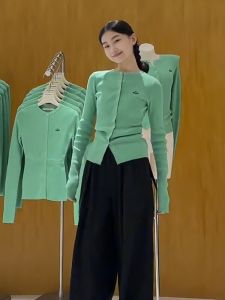 Green Knitted Long Sleeve round Neck Open Cardigan Womens Spring Autumn New Style Korean Design Slimming Base Top