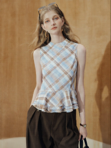 FAMANXUAN | Retro Blue Gingham Ruffle Hem Chiffon Womens Tank Top