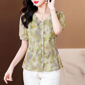 DAIXIANGFEIZI | Áo Blouse Dáng Peplum Hoa Văn Cổng Tay Ngắn Dành Cho Nữ Size Lớn