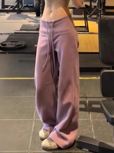 Quần Nỉ Thể Thao Màu Tím Rộng Rãi Phong Cách Retro Mỹ Cho Nữ Mùa Hè 2025 Quần Dài Ống Rộng Có Dây Rút Đa Năng