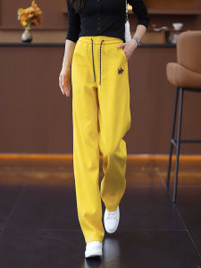 Yellow High Waist Drawstring Wide Leg Sweatpants Womens Slim Fit Casual Trousers Korean Style Commute Simple Cotton Polyester