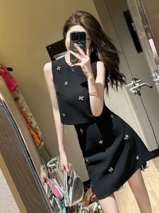 Ffmiss ◆ Fancy Rhinestone Flower Sleeveless Tops Skirt Outfit Womens Summer Heavy Industry Waist-Tight Diamond Black Dress