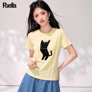 puella | Summer New Korean Style Beaded Cat Pattern Short Sleeve Knit Top