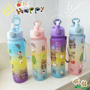 Home2U🏡 900ml water bottle for kids sports water cup cartoon summer portable water bottle with straw bottle drink cute pot belly cup botol air viral tiktok shaker bottle  水壶 水瓶