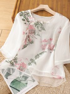 New Chinese Style Buckle Machine Embroidery Ramie Short Sleeve Shirt Womens Summer Classy Patchwork Organza Small Shirt Cotton and Linen Tops