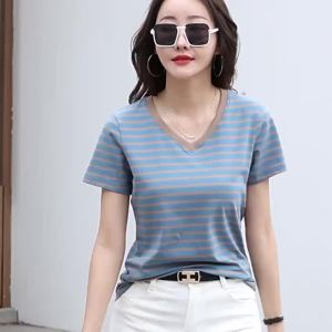 New Summer Womens Striped Cotton Elegant with Print Short Sleeve Vintage Oversized T Shirts Basic Tops T-shirt Female Clothing