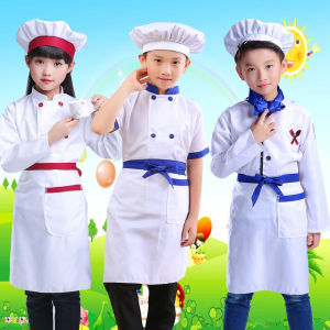 3pcs Chef Costume Set Cooking Clothing Baby Girls Boys 3-11 Years Old Kitchen Uniform Cosplay Costumes Apron Top Cap for Craft Baking Kitchen Pretend Clothes with Apron Hat Set for Kids Boys Girls Birthday Gift