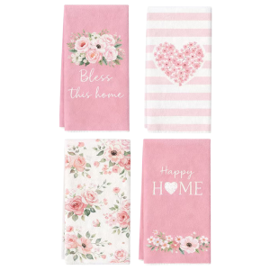 4Pcs Pink Bouquet + Heart Home Kitchen Towels 40Cm*60Cm Towel Set Super Absorbent Soft Cleaning Cloth Cooking and Baking Tea Towel Hand Towel Cleaning Cloth Dishwashing Cloth Kitchen Decoration Living Room Decorations Kitchen Essentials Home...