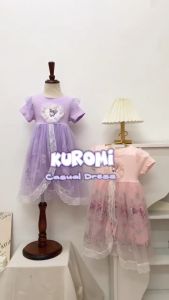 2-8 Tahun Kuromi Baby Girl Sweet Gaun Princess Mesh Dress Lengan Pendek Anak Kartun Karakter
