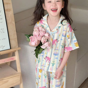 Spring Summer Thin Cotton Pajamas for Girls Short Sleeve Turn-down Collar Long Pants Open Cardigan Childrens Home Clothes Set