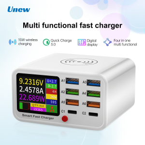 Unew Multifunction USB C Fast Charger 8 Port Desktop Charger Type C PD3.0 PPS QC3.0 15W Fast Wireless Charger for MacBook Phone