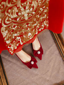 Red Wedding Dress 2025 Summer New Style Bride Wedding Shoes Womens Chinese Show Heel High Heel Thin Heel Maternity Gown