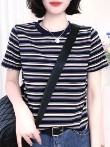 Loose Pure Cotton Striped Short Sleeve T-Shirt Women Summer New Simple Shoulder Top Half Sleeve Casual Body Shirt Korean Style Commute