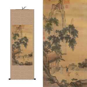 Traditional Antique-style Ink Painting Scroll Silk Hanging Paintings Tang Yin Landscape Calligraphy Living Room Decor
