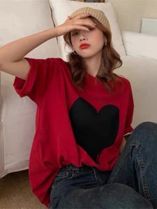 plus Size 300 Pounds Summer 2024 Heart Print Short Sleeve T-Shirt Korean Style Slimming Versatile Red Top for Women