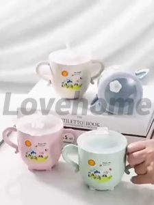 270ml Wheat Straw Childrens Water Cup Baby Baby Child Tableware Binaural Cartoon Creative Insulation Anti-Fall Straw With Lid  (Feeding Training Cup)