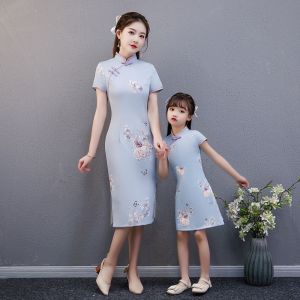 Fashionable Comfortable Chinese Style Mother Daughter Matching Dresses Long Skirt Heart Collar Animal Print A-Line Midi Dress
