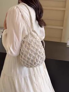 Ladies Summer Bucket Shoulder Bag Phone Purse Handmade Hollow Out Cotton Rope Crochet Bag Small Handbag For Women