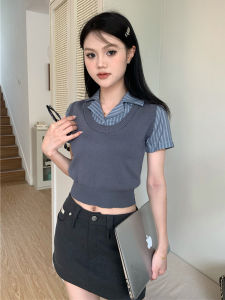 Áo Thun Dệt Kim Tay Ngắn Ôm Vừa Vặn Cho Nữ Mùa Hè 2023 Áo Sơ Mi Cổ Polo Họa Tiết Sọc Dài Thường Ngày