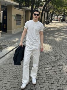 Mens Casual Straight Leg Jeans Drapey Loose Fit White Long Pants American Wide Leg High Street Boys Flared Trousers